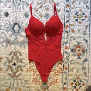 H&M red padded bra lingerie bodysuit with clasp closure at opening, size 4